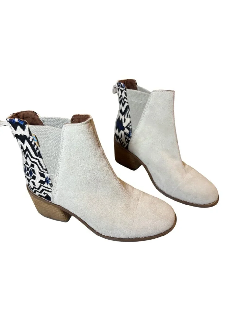 TOMS Esme Suede Ankle Booties Aztec Geometric Birch White Blue Women's 7.5